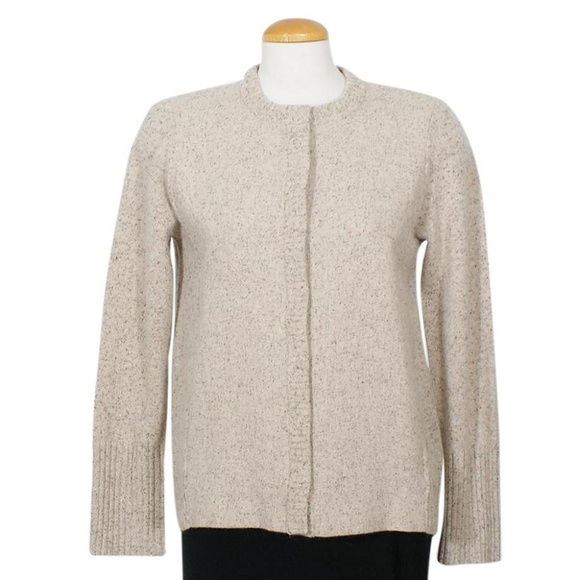 Beige Tweedy Wool Silk Woven Front Knit Jacket S